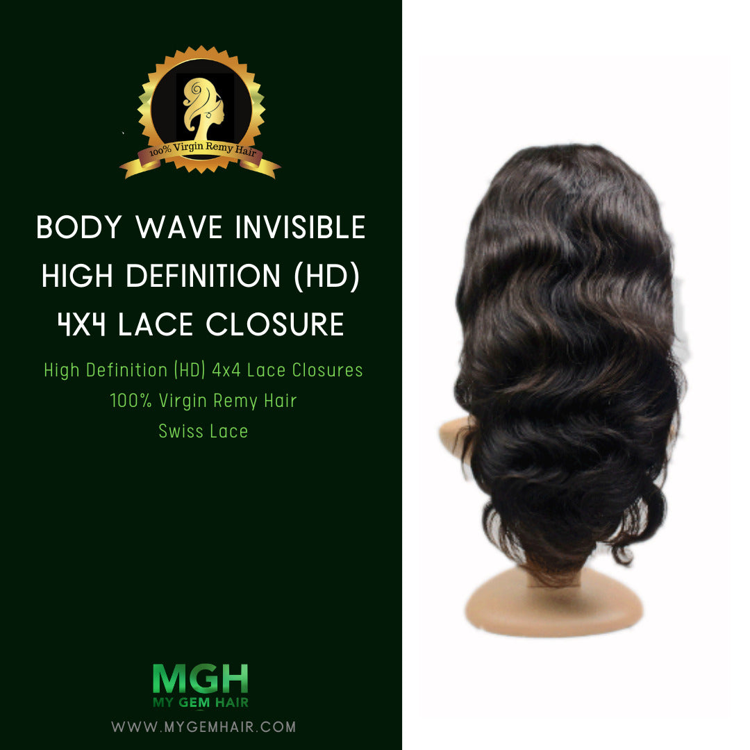 MGH 200 Density Virgin Remy Wig 4x4 High Definition Lace Closure Body Wave w comb band