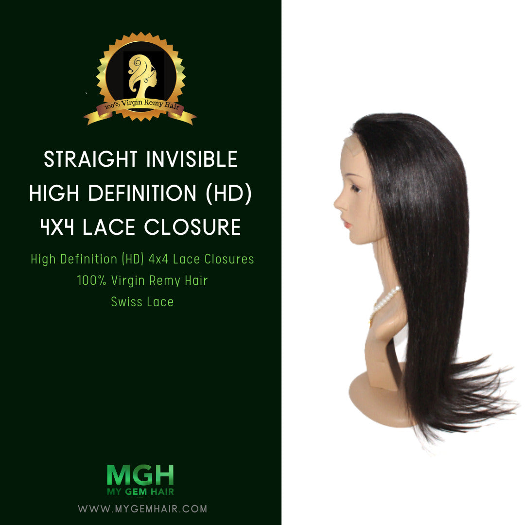 MGH 200% Density Virgin Remy Wig, 4x4 High Definition Lace Closure (Straight) w/comb & band