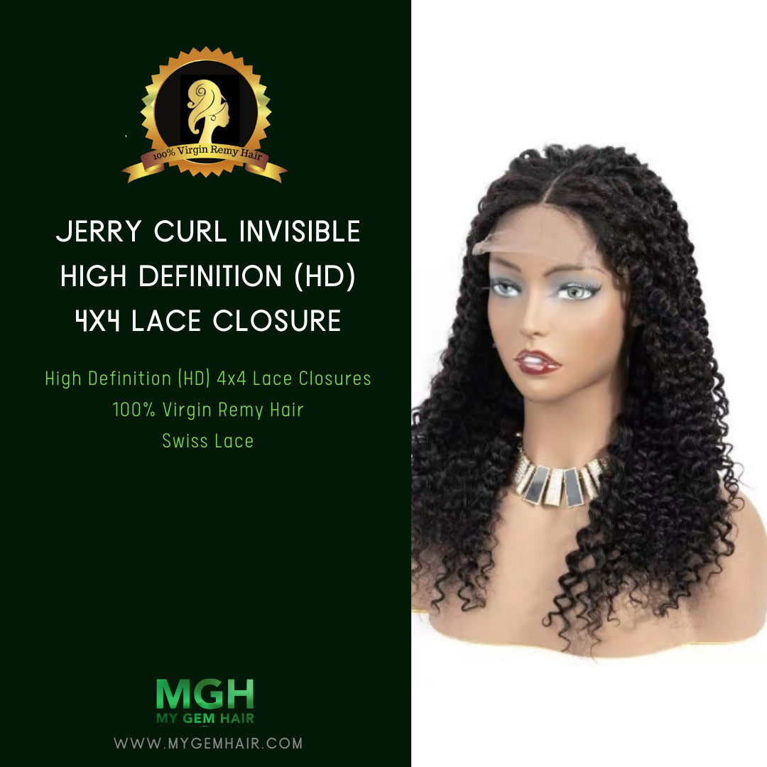 MGH 200% Density Virgin Remy Wig, 4x4 High Definition Lace Closure (Jerry Curl) w/comb & band