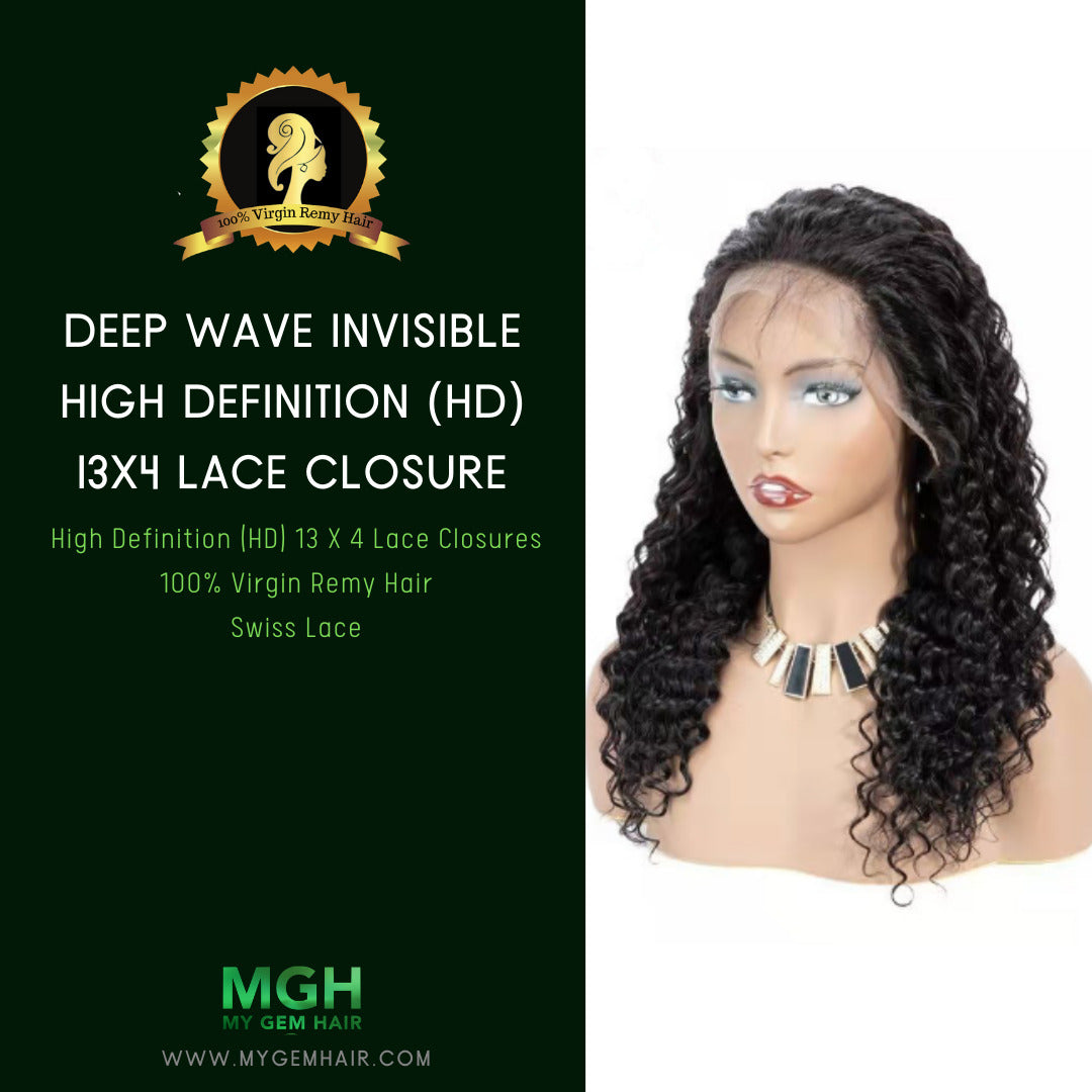 MGH Virgin 250% Density Virgin Remy Wig, 13x4 High Definition Lace Closure (Deep Wave) w/comb & band